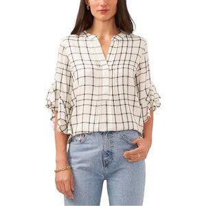 Vince Camuto Pin Tuck Ruffle Sleeve Blouse Black White Size L NWT